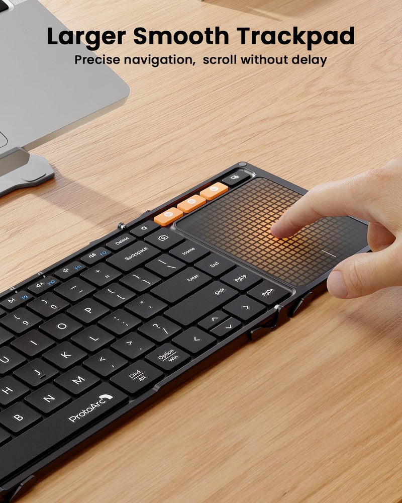ProtoArc Foldable Keyboard with Touchpad, XK01 TP Folding Portable Keyboard, Full Size Keys, Large Trackpad Bluetooth Travel Keyboards for Laptop PC Tablet - Black - Image 2